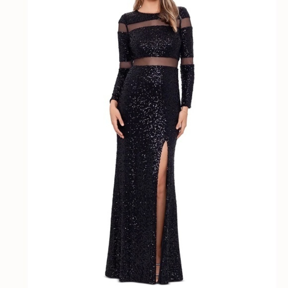 Betsy & Adam | Women's Sheer-Detail Sequined Long-Sleeve Gown‎